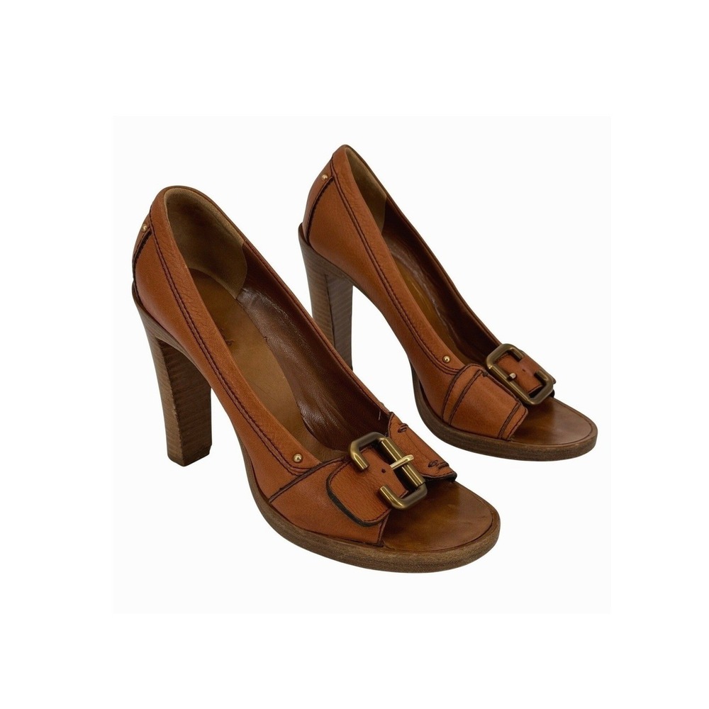 Chloe Tan Leather Buckle Open-Toe High Heel Pumps